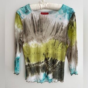 FUNSPORT Mesh 3/4 Length Sleeve Sheer Lined Pullover Top Scoop Neck Tie Dye Chic